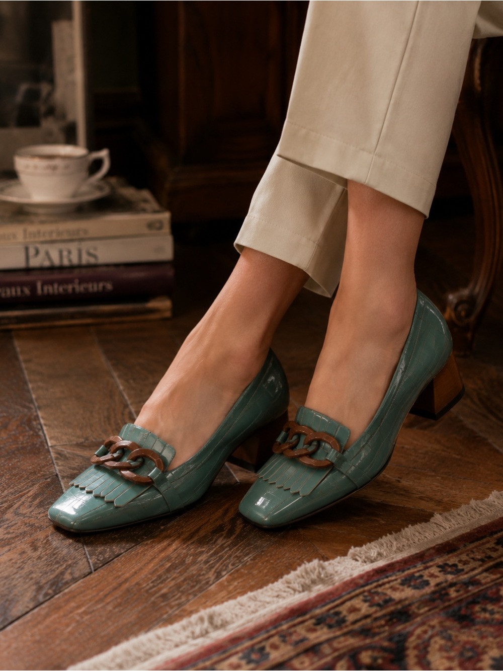 Loafers Teal Patent Chain | Equestrian Chic Preppy Cottage Academia Quiet Luxury - Picture 16 of 16